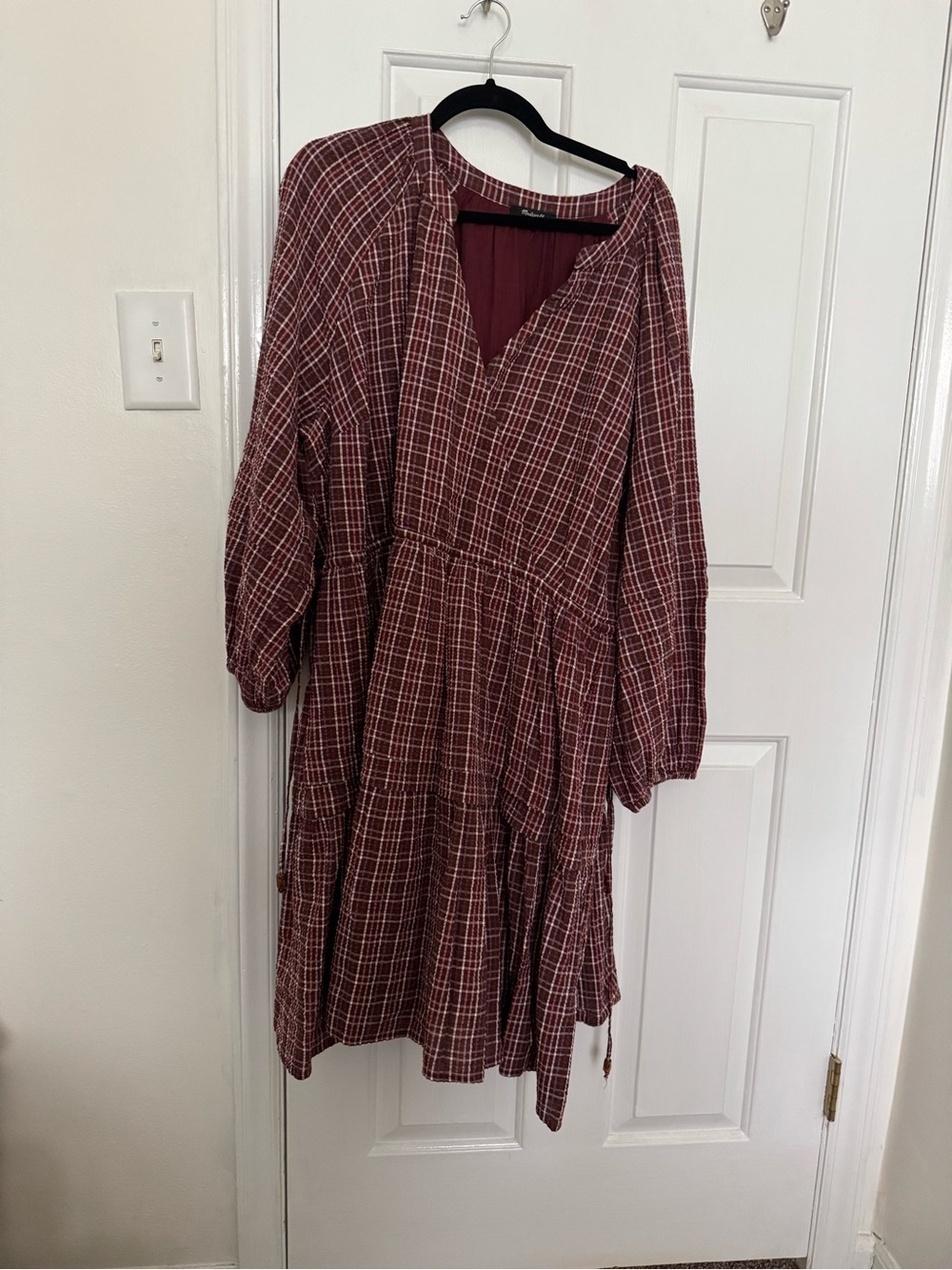 Madewell Burgundy Plaid Tiered V-Neck Long-Sleeve Dress